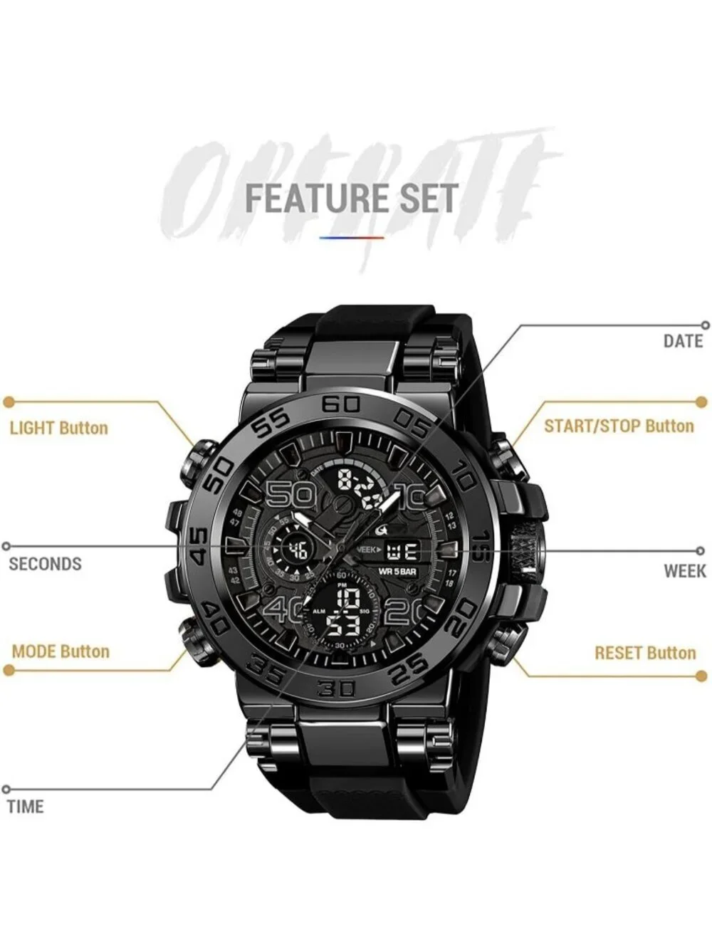 Men's Black Analog Quartz Waterproof Sports Outdoor Military LED Digital Watch